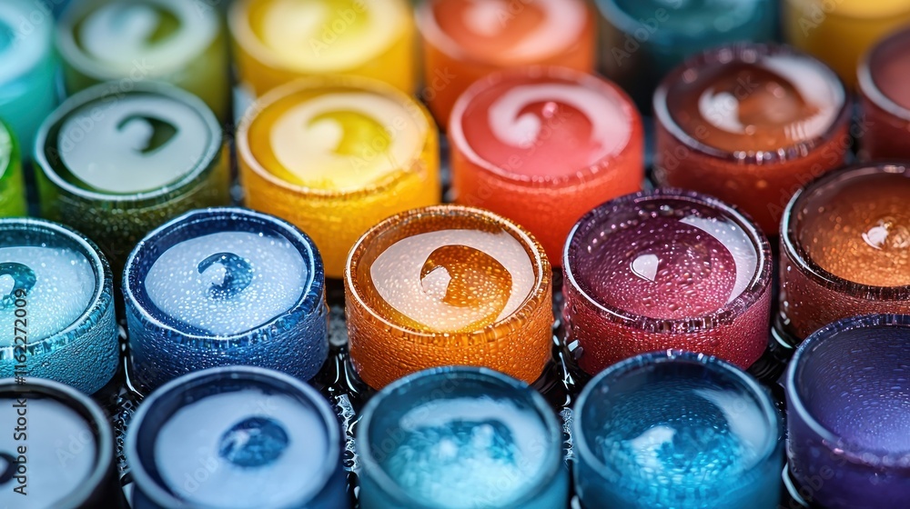 Close-up of vibrant, colorful paint pots, showcasing a spectrum of hues and glistening textures. Close-up of vibrant, colorful paint pots, showcasing a spectrum of hues and glistening textures.