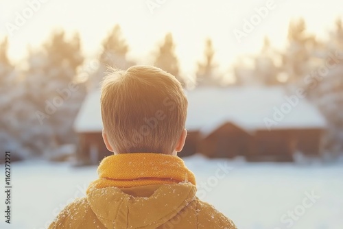 close-up of child building snowman their bright scarf glowing against frosty air photo