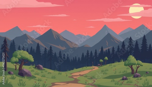 A Mountainous Landscape with a Winding Path and a Sunset Sky