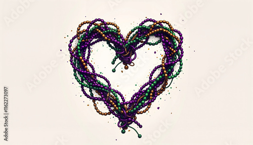 Minimalist Illustration of Intertwined Mardi Gras Beads Forming a Heart Shape, Rich Purple, Green, and Gold Shades, Elegant and Clean
