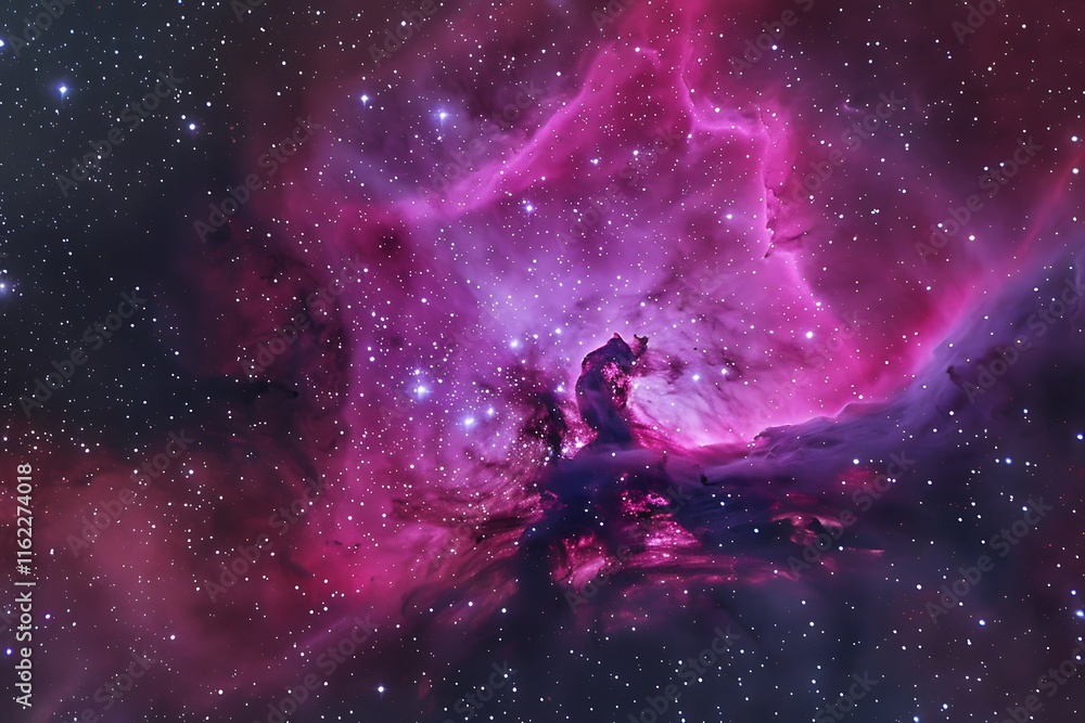 Naklejka premium Stunning nebula in pink and purple with stars, space background, high detail, sharp focus, realistic photography.