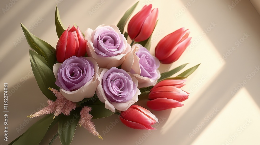Lavender roses and pink tulips on taupe canvas with sunlight Lavender roses and pink tulips on taupe canvas with sunlight