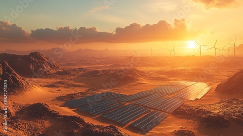 A large desert landscape with solar panel fields and wind turbines, eco-friendly energy theme photo