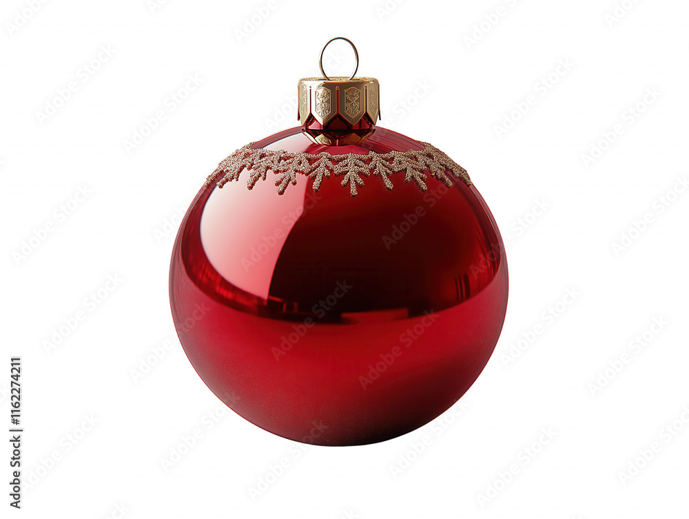 A red ornament with a gold trim sits on a white background A red ornament with a gold trim sits on a white background