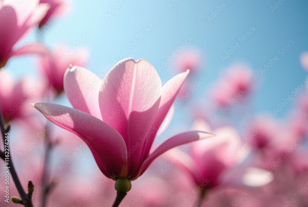 Fototapeta premium Close-up of blooming magnolia flowers against a blue sky background.