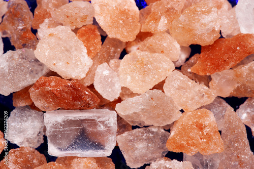 Pink Himalayan salt.
Rock salt from a deposit in the Punjab region of Pakistan. It is mined in the salt mine in Khevra, which is located in the foothills of the Salt Range on the Indo-Gangetic plain. photo