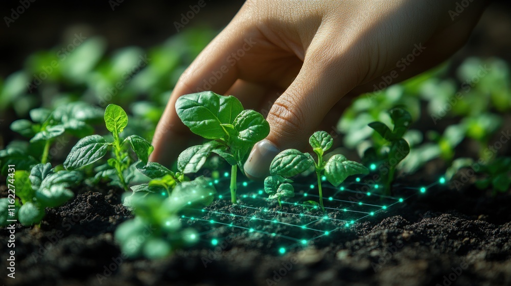 A hand tending to young plants with a digital overlay, symbolizing modern agriculture. A hand tending to young plants with a digital overlay, symbolizing modern agriculture.
