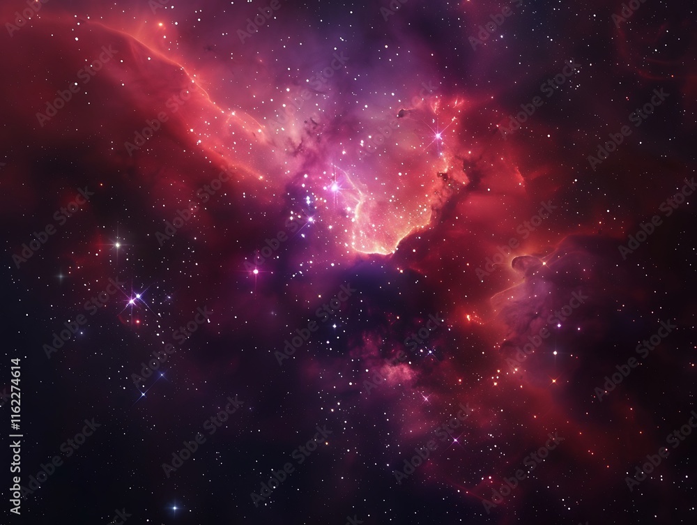 Fototapeta premium Stunning nebula in red and purple, stars in the backdrop, dark fantasy banner design.