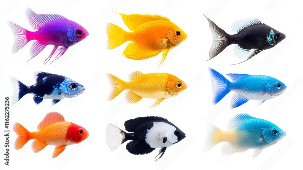 Naklejka premium Vibrant Tropical Fish Collection - Colorful aquarium fish, diverse species, bright hues, underwater scene, aquatic life.