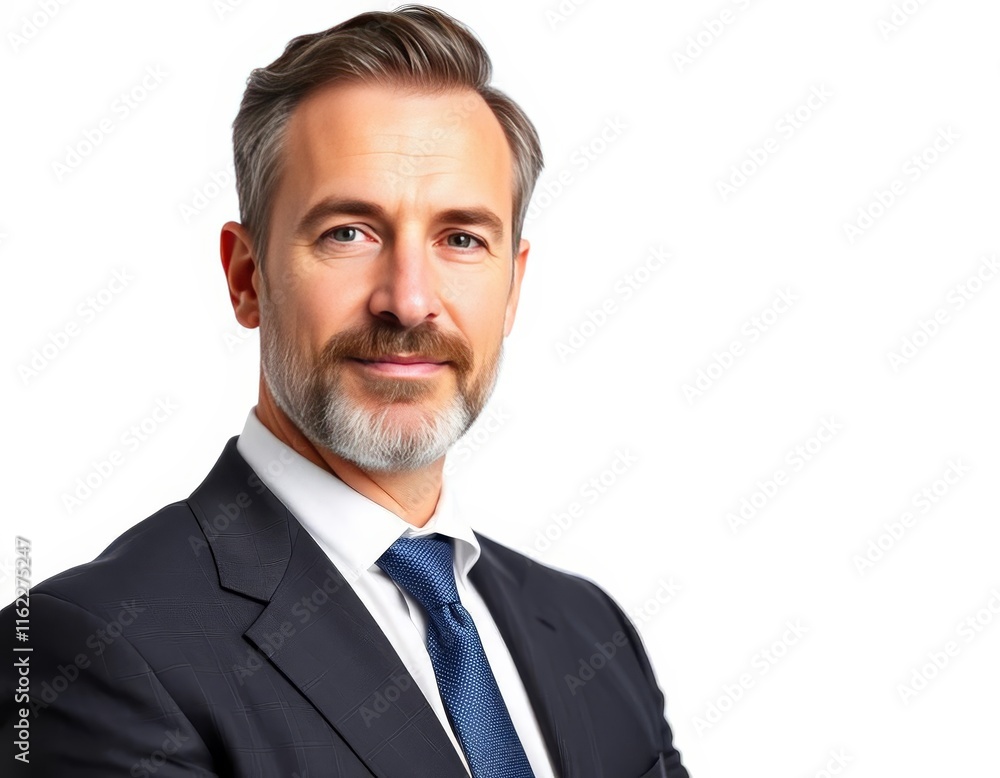 A middle-aged man dressed in a suit and tie, looking confidently at the camera against a white background. A middle-aged man dressed in a suit and tie, looking confidently at the camera against a white background.