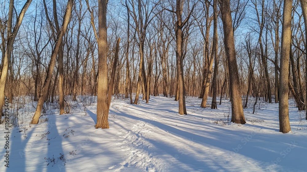 Snowy Winter Trail Through Leafless Trees Snowy Winter Trail Through Leafless Trees