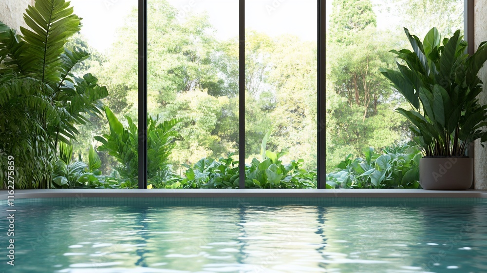 Fototapeta premium A serene indoor pool surrounded by lush greenery and natural light.