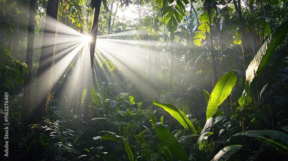 Fototapeta premium Sunbeams Illuminate Lush Tropical Rainforest Canopy