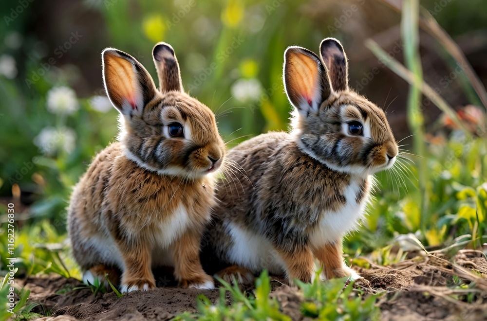 Fototapeta premium Two cute brown rabbits, exploring their natural habitat, showcasing the beauty of the wild.