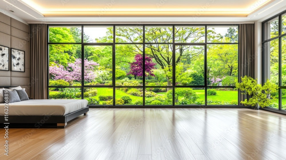 Fototapeta premium Modern room with large windows overlooking a vibrant garden.