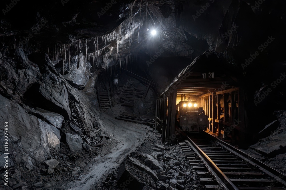 Naklejka premium Exploration of a cave featuring a railway track.