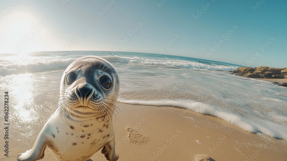 Obraz premium Adorable Seal Pup on Sandy Beach Near Ocean Waves