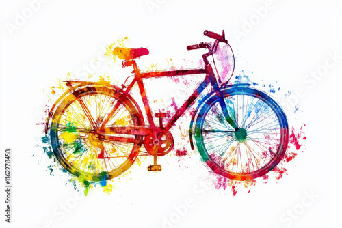 Colorful Abstract Bicycle Illustration with Watercolor Splash Effects. photo