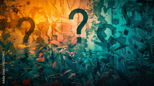 Mysterious abstract background with question marks emerging from a gradient of warm orange to teal tones, decorated with tropical leaves creating an enigmatic atmosphere.