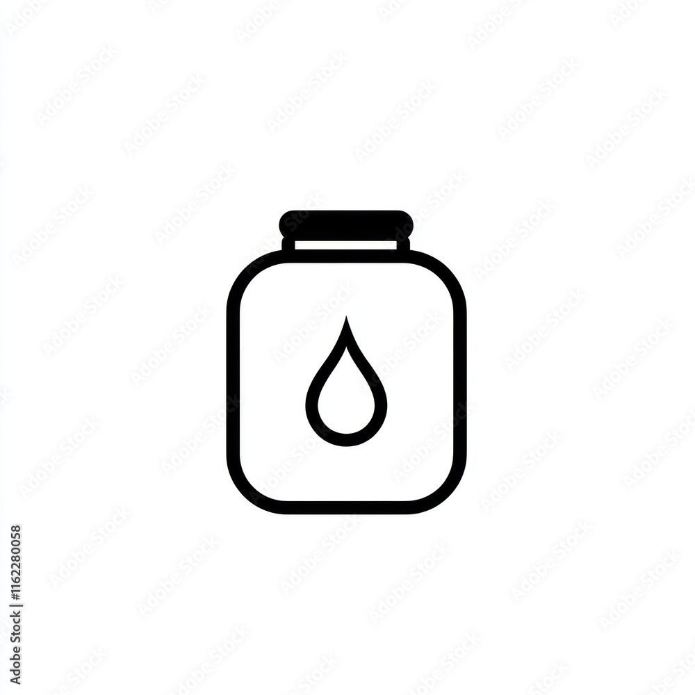 Simple line art icon of a jar with a drop of liquid inside.