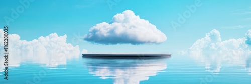 A Minimalist Cloud Platform Over Tranquil Waters - Serene image symbolizing digital technology, cloud computing, serenity, reflection, and innovation.  A floating platform represents a connection betw photo