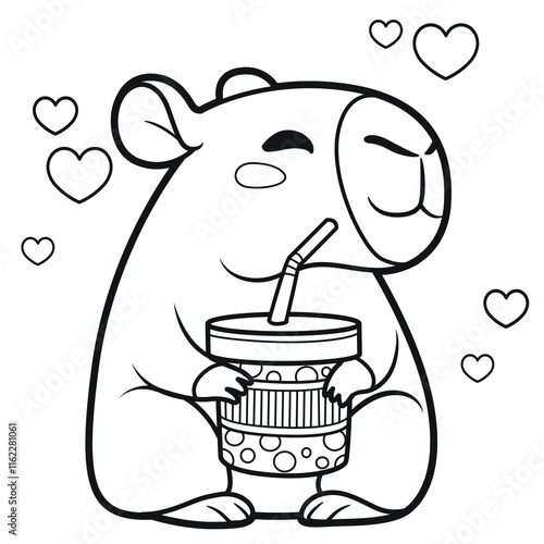 Cute cartoon capybara hold drink in cardboard glass with a straw outlined for coloring page on white background