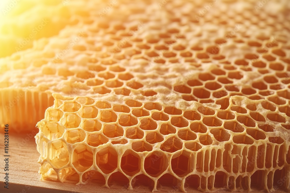 close-up of organic honeycomb displayed in wooden tray vibrant golden hues glowing in soft natural light close-up of organic honeycomb displayed in wooden tray vibrant golden hues glowing in soft natural light