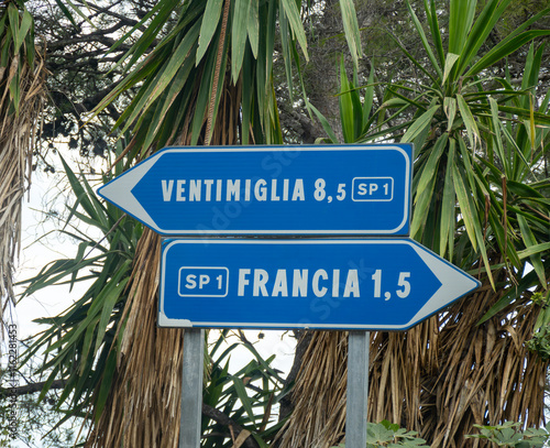 Driving car or camper on free on Cote d'azur, French Riviera in summer, road signs and directions, traffic jam on touristic road in France photo