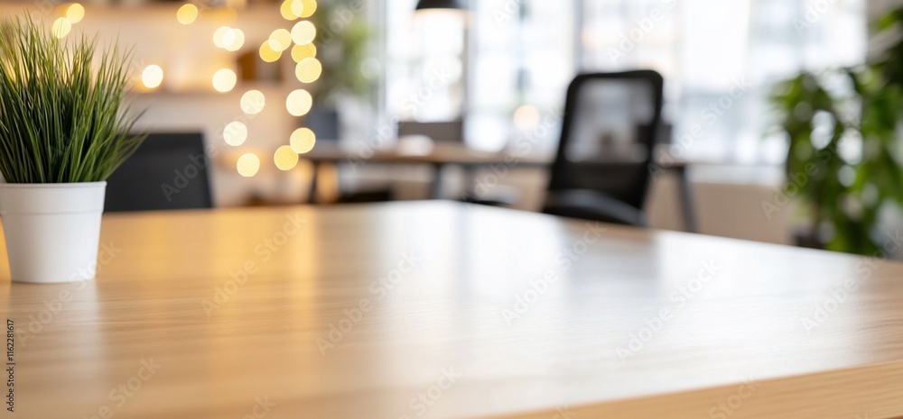 A modern office setting with a wooden table and decorative plants. A modern office setting with a wooden table and decorative plants.