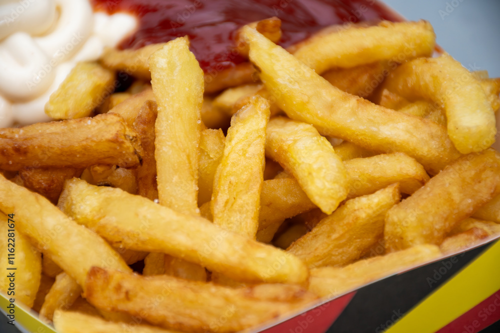 Belgian street and fast food, paper box in colors of Belgian flag with fried potato frit chips and ketchup and mayonnaise sauсe Belgian street and fast food, paper box in colors of Belgian flag with fried potato frit chips and ketchup and mayonnaise sauсe