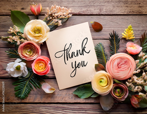 Thank you card with flower bouquet decoration top view on wooden background