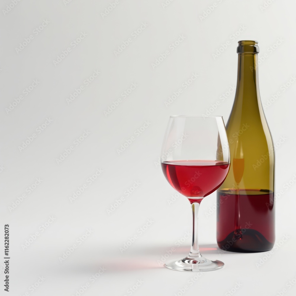 A half-filled wine glass, bottle partially visible, pure white backdrop, summer, bottle, background