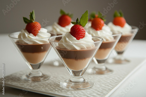 beautifully arranged layered dessert cups featuring chocolate, vanilla, and strawberry pudding in clear triangle-shaped glasses. Each dessert is topped with a swirl of whipped cream, half a fresh stra photo