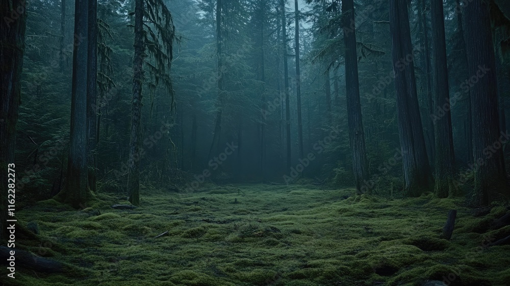 Fototapeta premium Mossy Forest Path Enveloped In Misty Gloom