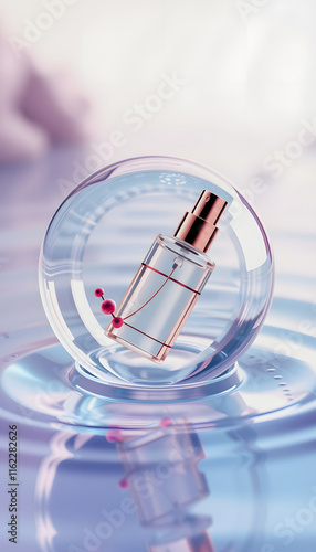 Vibrant 3d rendering: cosmetic essence and molecule encased in liquid bubble on water background - beauty concept illustration, with white tones