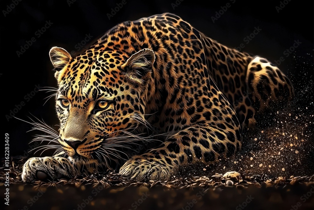 Fototapeta premium A stunning full-body image of a large leopard against a dark background.