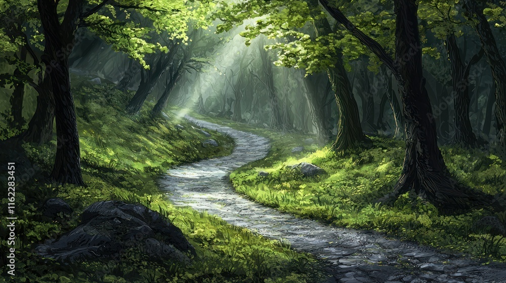 Serene forest path illuminated by soft sunlight. Serene forest path illuminated by soft sunlight.