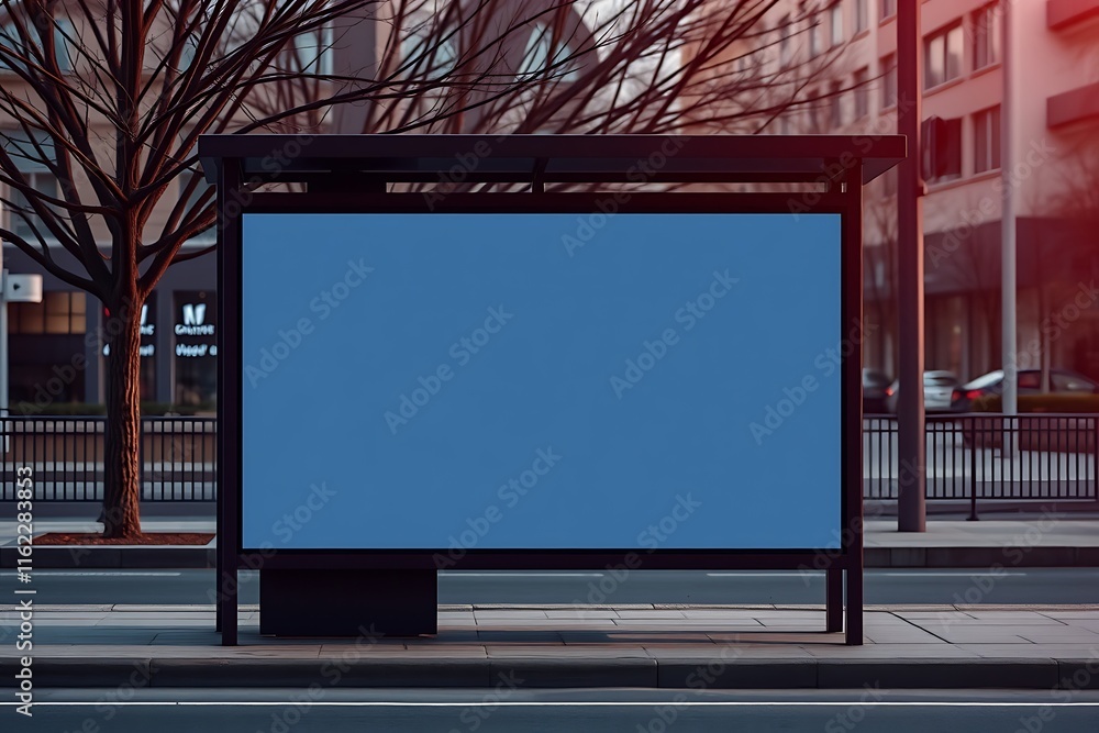 Urban Billboard Mockup: Blank Blue Advertisement Panel at City Bus Stop Urban Billboard Mockup: Blank Blue Advertisement Panel at City Bus Stop