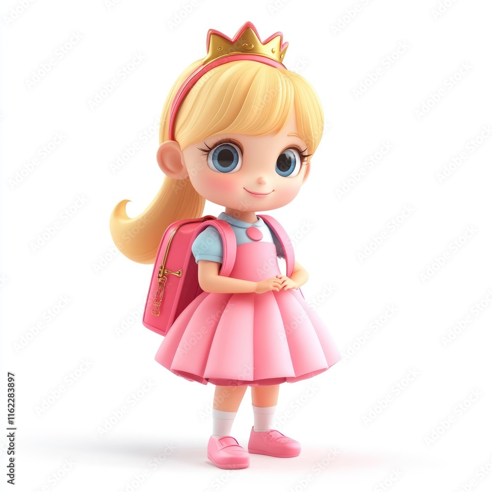 cute little princess going to school vector style art 3d illustration Isolated on White Background cute little princess going to school vector style art 3d illustration Isolated on White Background