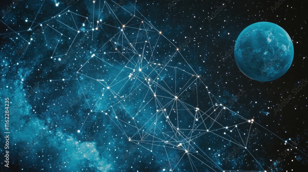 Obraz premium Celestial Network Connecting Stars and a Distant Planet