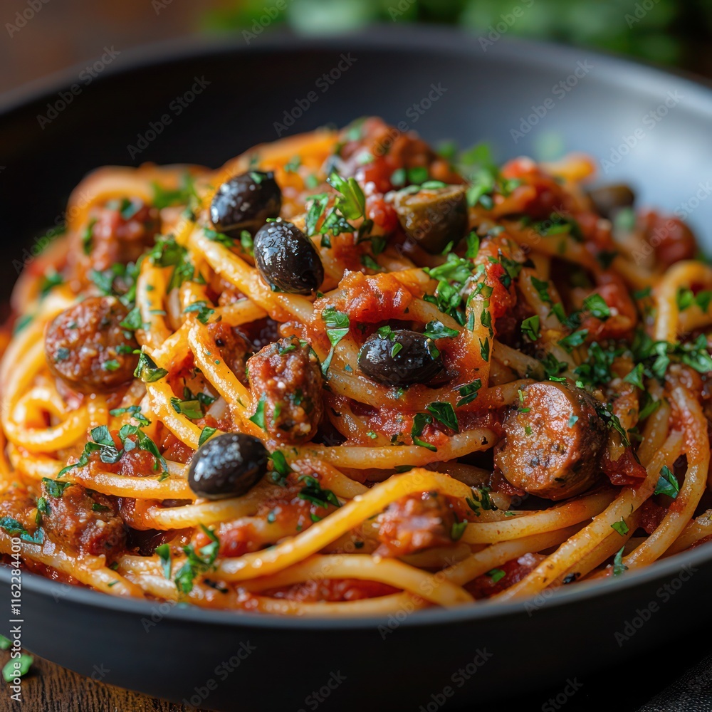 A serving of beef spaghetti loaded with tomato sauce, garnished with chopped parsley and olives A serving of beef spaghetti loaded with tomato sauce, garnished with chopped parsley and olives