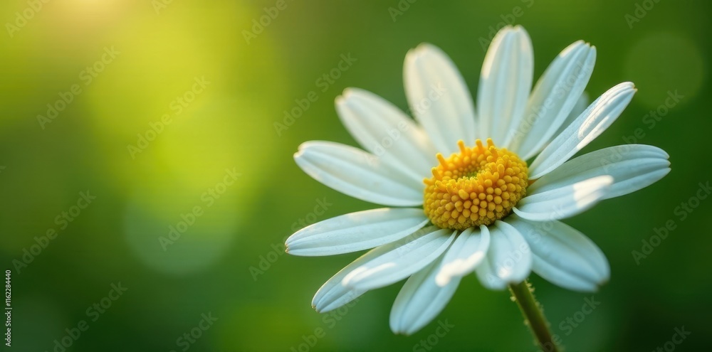 Delicate chamomile flower, petals fully open, vibrant yellow center , organic, isolated, vibrant
