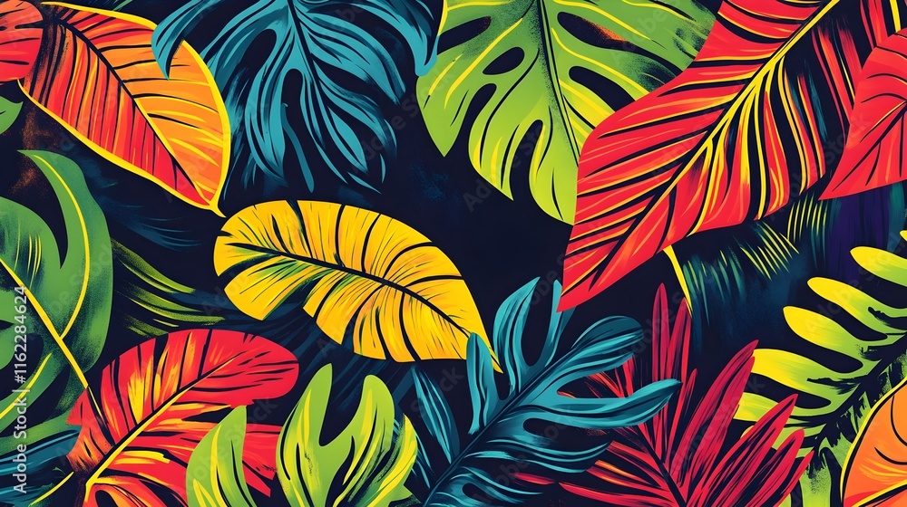 Vibrant Tropical Foliage Seamless Pattern with Bold Graphic Florals and Lush Philodendron Leaves Vibrant Tropical Foliage Seamless Pattern with Bold Graphic Florals and Lush Philodendron Leaves