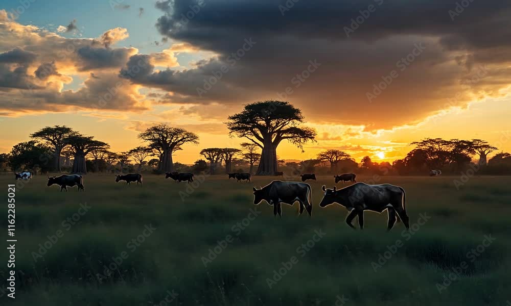 Majestic Sunset Over African Landscape with Grazing Cattle Amidst Tall Grass and Silhouetted Trees in the Background, Capturing Nature’s Serenity