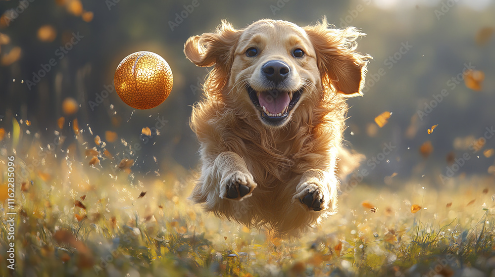joyful Golden Retriever leaps in mid air, chasing ball in sunny field joyful Golden Retriever leaps in mid air, chasing ball in sunny field