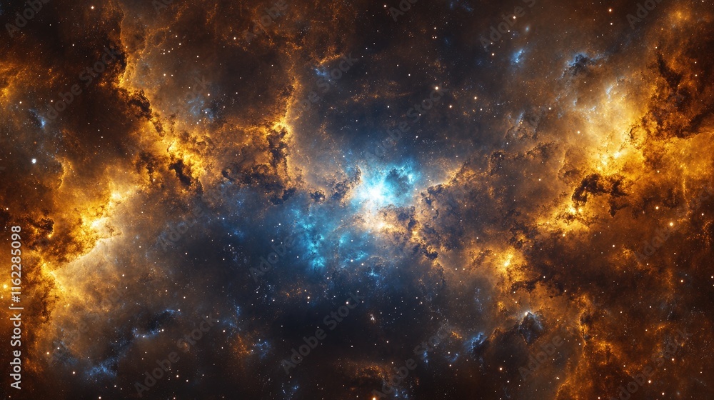 Naklejka premium Celestial Nebula Cosmic Clouds Of Gold And Blue