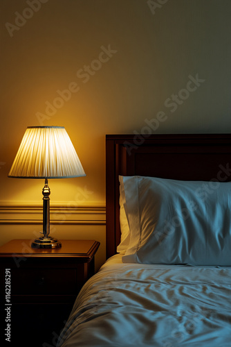 Warm bedside lamp with wooden furniture and a neatly made bed in cozy lighting