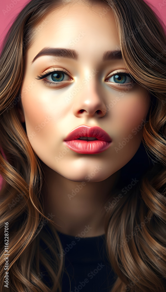 Portrait of Beautiful Woman with Long Curly Hair and Pink Lips
Portrait of Beautiful Woman with Long Curly Hair and Pink Lips