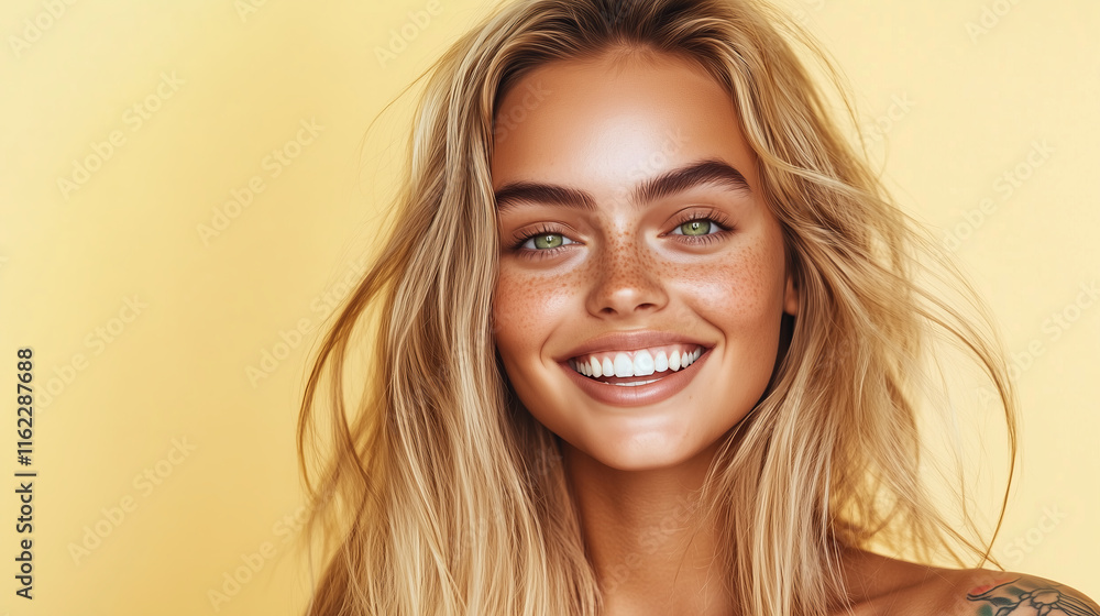 Fototapeta premium Bright and cheerful young woman smiling against a vibrant yellow background during a sunny day, showcasing natural beauty and effortless charm