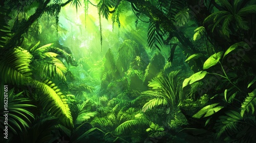 Lush Green Tropical Rainforest Sunlight Dappled Canopy photo